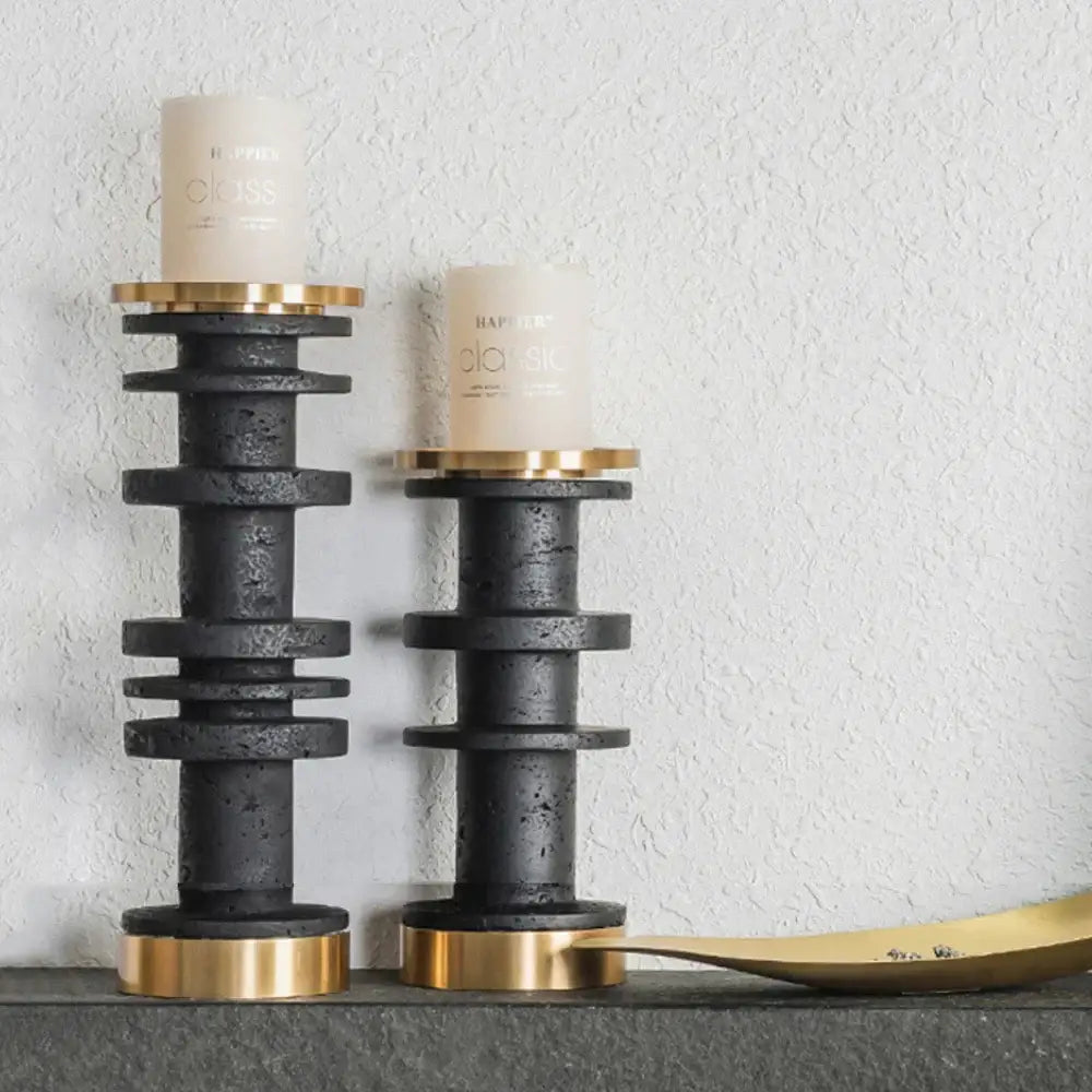 Modern beige & brown travertine candle holder with metal base dining room