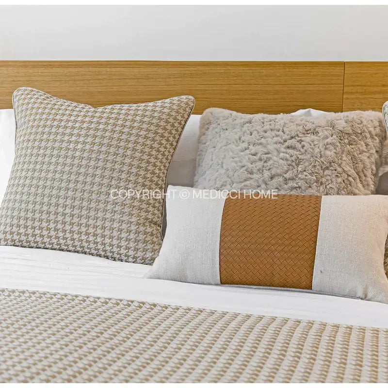 Modern beige & gold houndstooth jacquard lumbar pillow bedroom decor