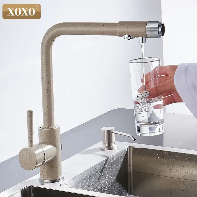 Modern beige speckled faucet with chrome accents kitchen water purifier