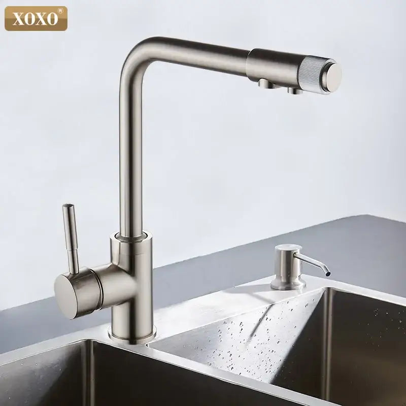 Modern beige speckled faucet with chrome accents kitchen water purifier