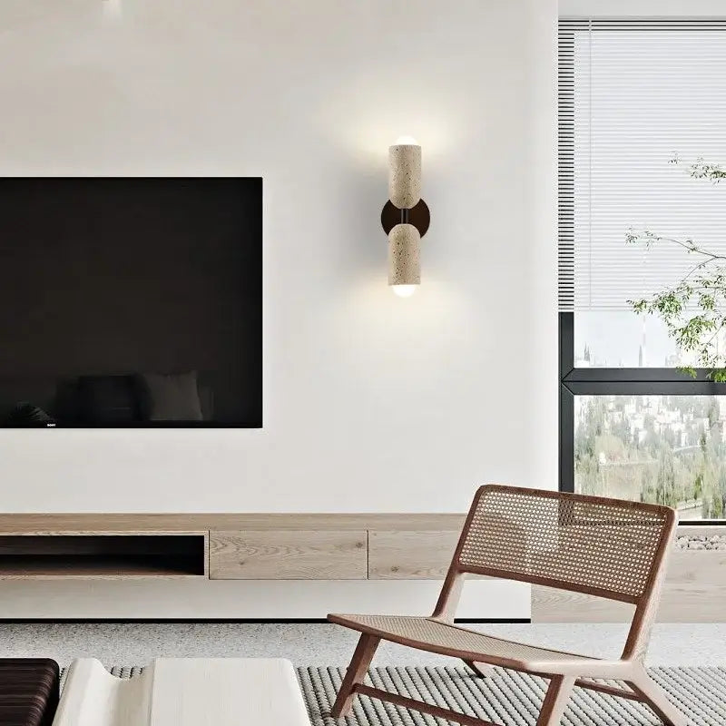 Modern beige stone and wood wall light fixture bedroom sconce