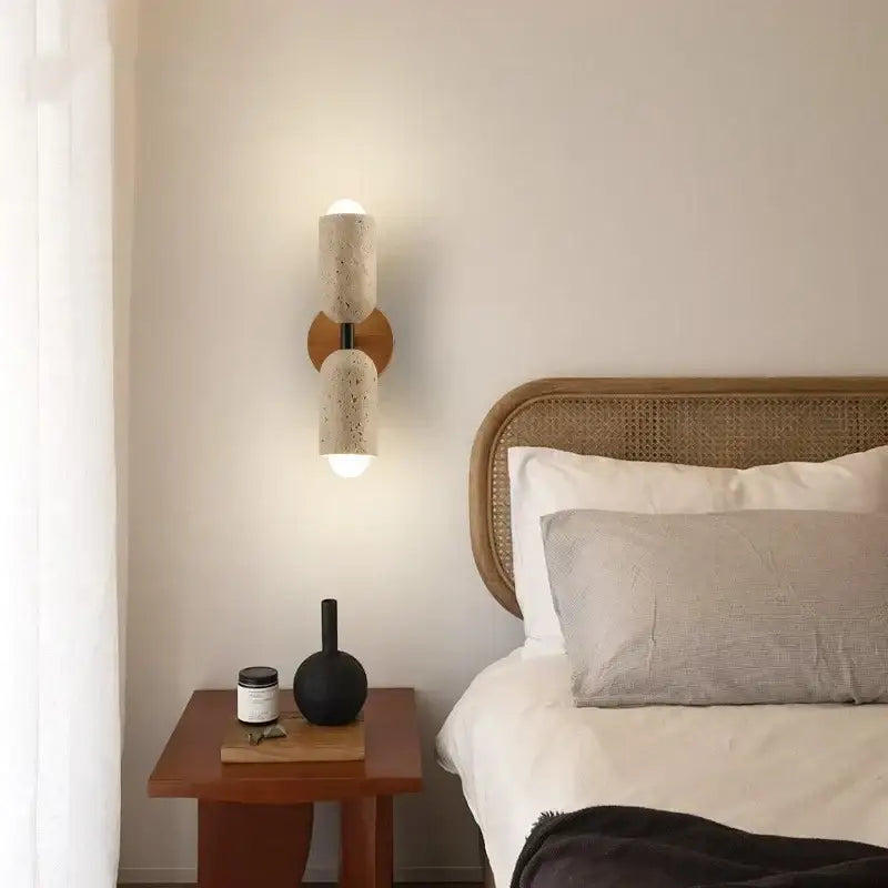 Modern beige stone and wood wall light fixture bedroom sconce