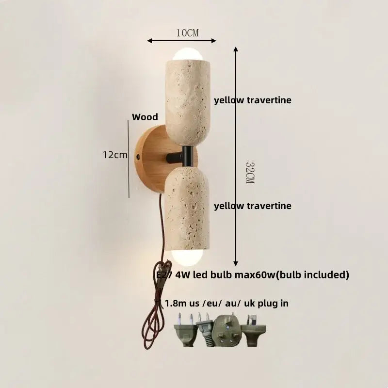 Modern beige stone and wood wall light fixture bedroom sconce