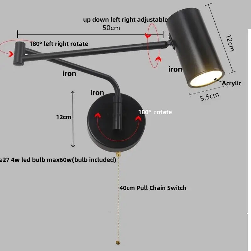 Modern black acrylic iron led wall lamp bedroom adjustable reading light