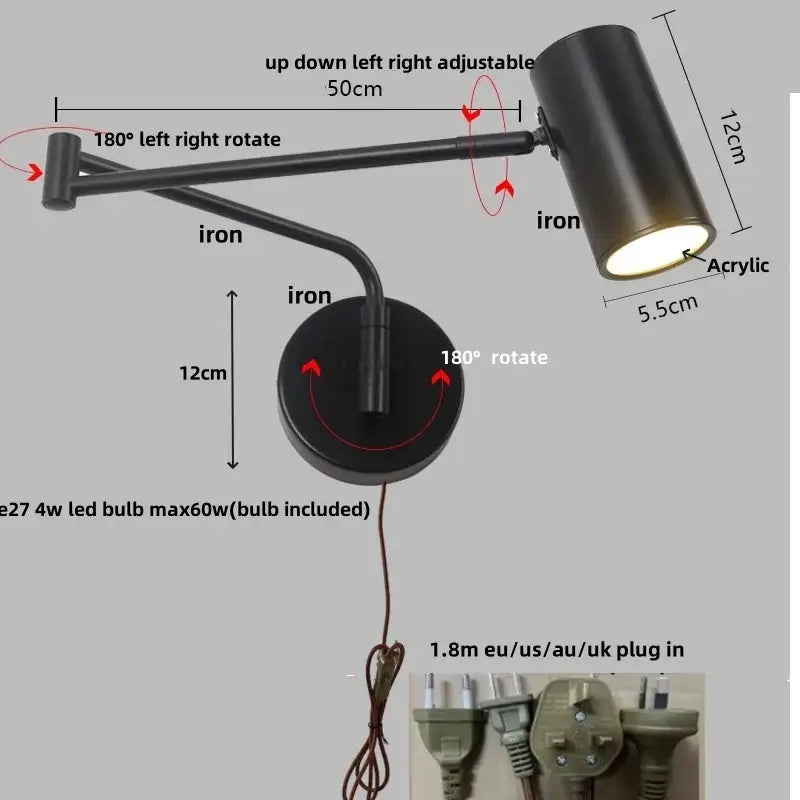 Modern black acrylic iron led wall lamp bedroom adjustable reading light