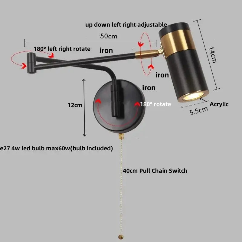 Modern black acrylic iron led wall lamp bedroom adjustable reading light