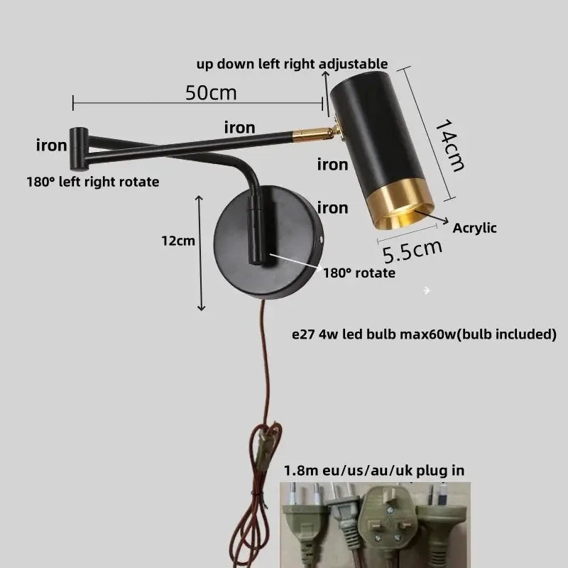 Modern black acrylic iron led wall lamp bedroom adjustable reading light