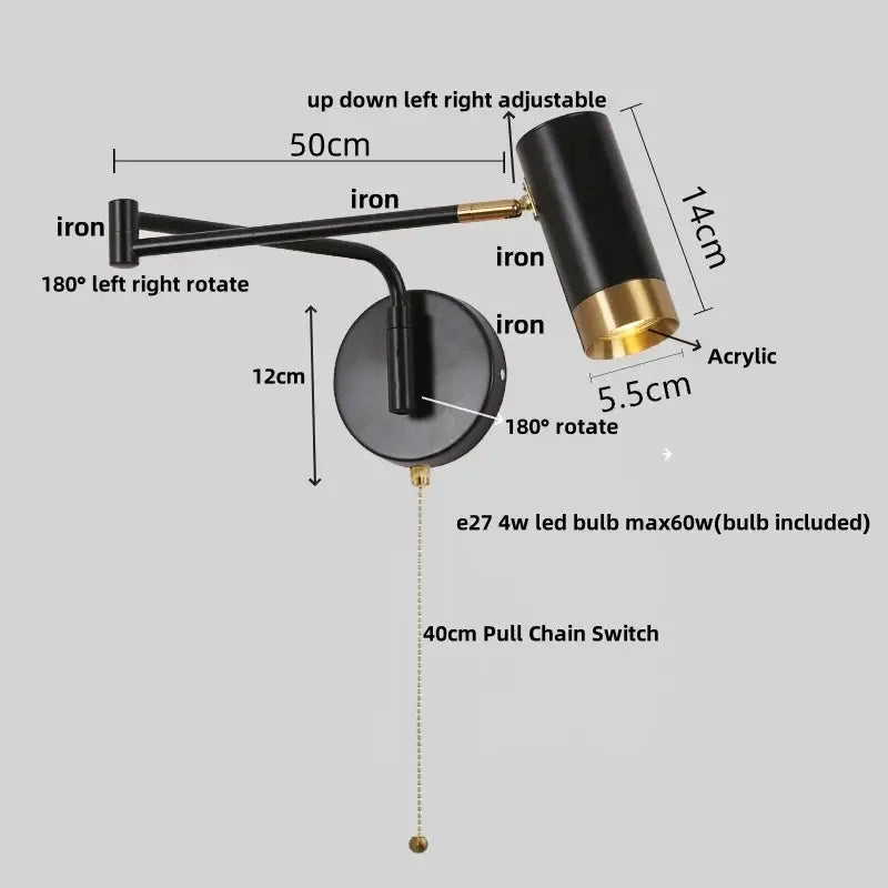 Modern black acrylic iron led wall lamp bedroom adjustable reading light