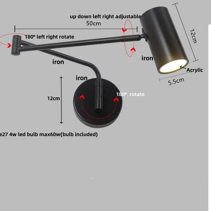 Modern black adjustable acrylic iron led wall lamp bedroom reading light