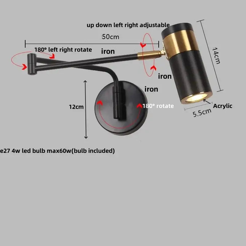 Modern black adjustable acrylic iron led wall lamp bedroom reading light