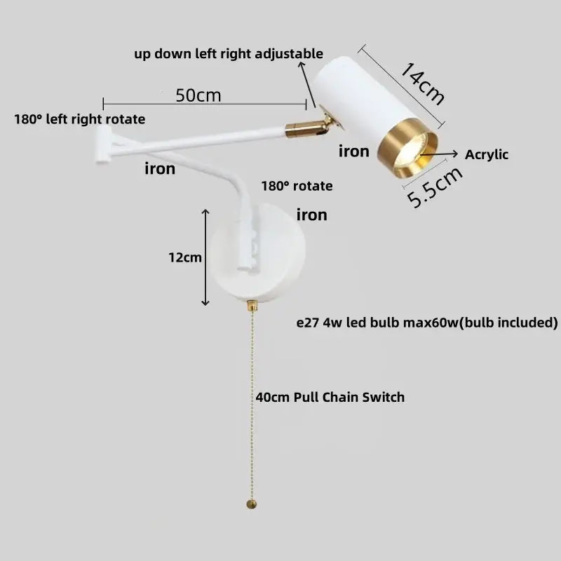 Modern black adjustable acrylic iron led wall lamp bedroom reading light