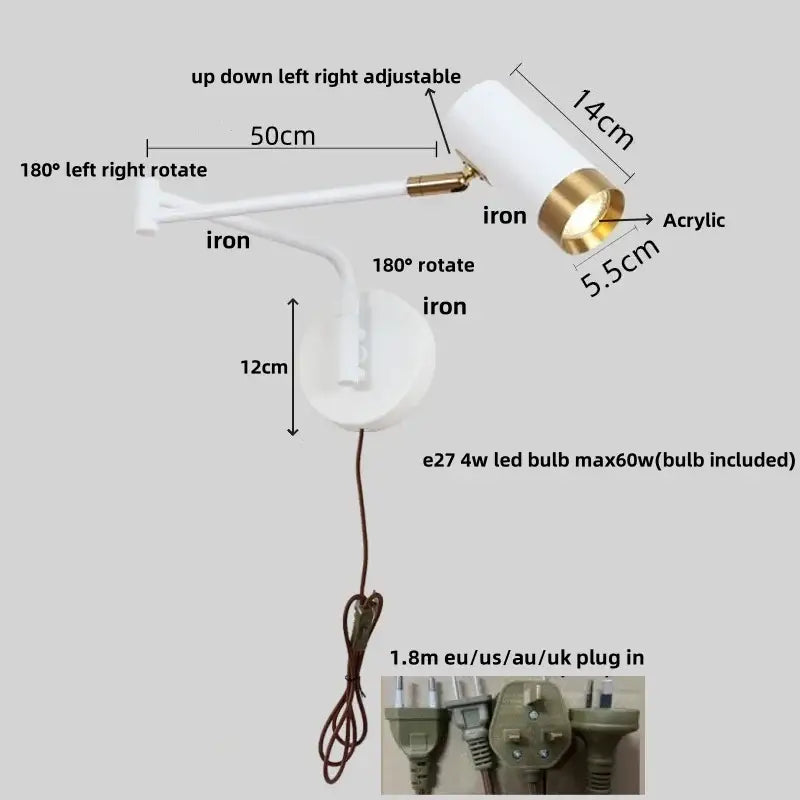 Modern black adjustable acrylic iron led wall lamp bedroom reading light