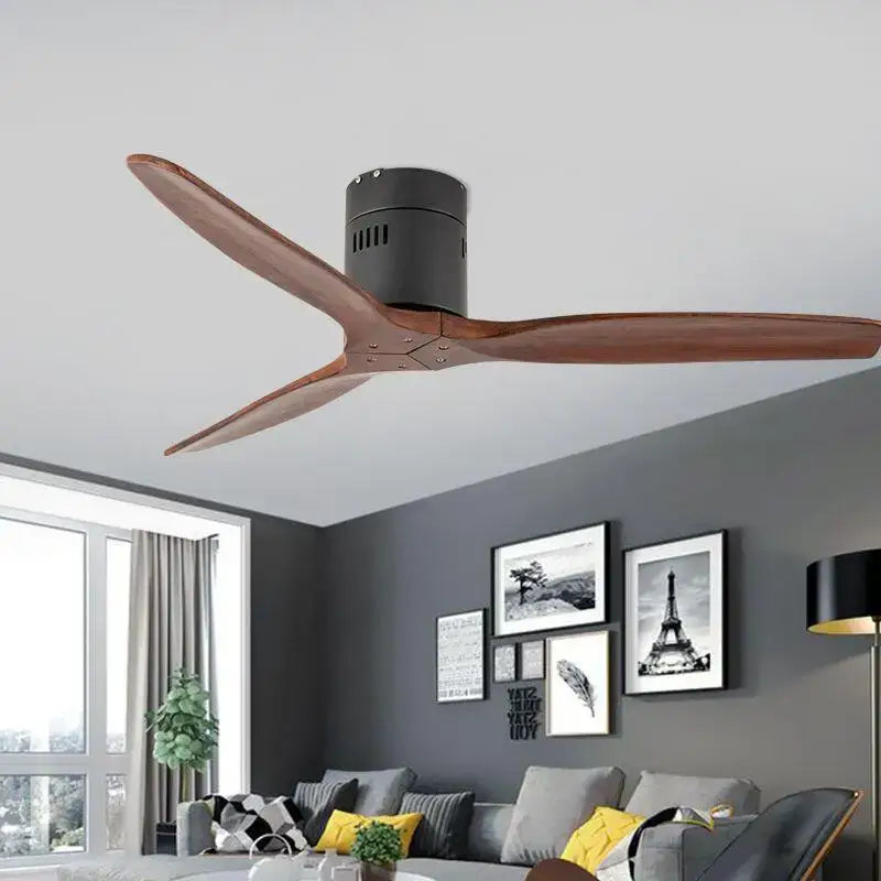 Modern black and dark brown ceiling fan with wood blades living room