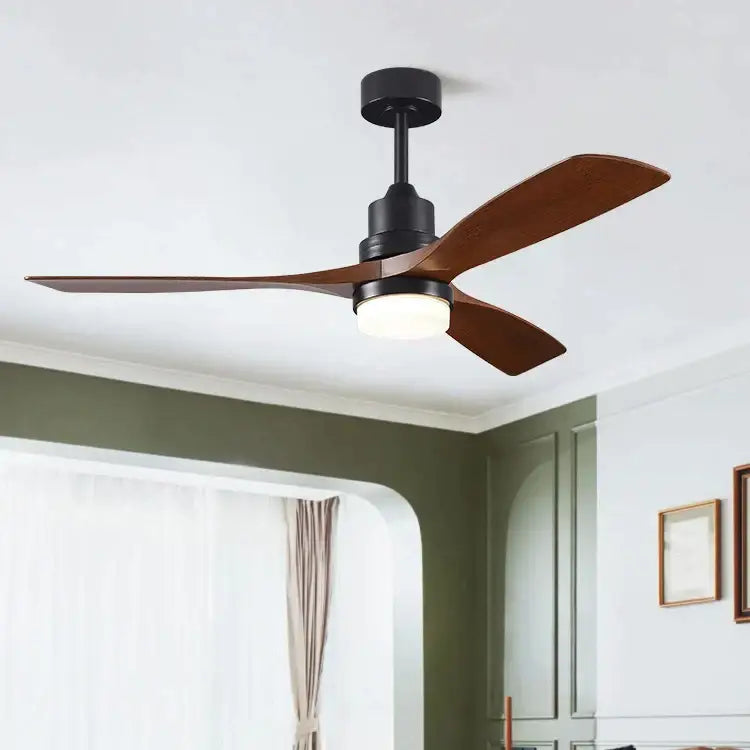 Modern black and dark wood ceiling fan with 18w led light bedroom