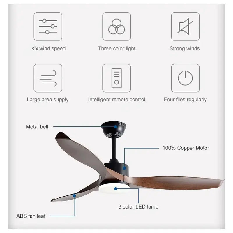 Modern black and dark wood copper dc ceiling fan living room remote