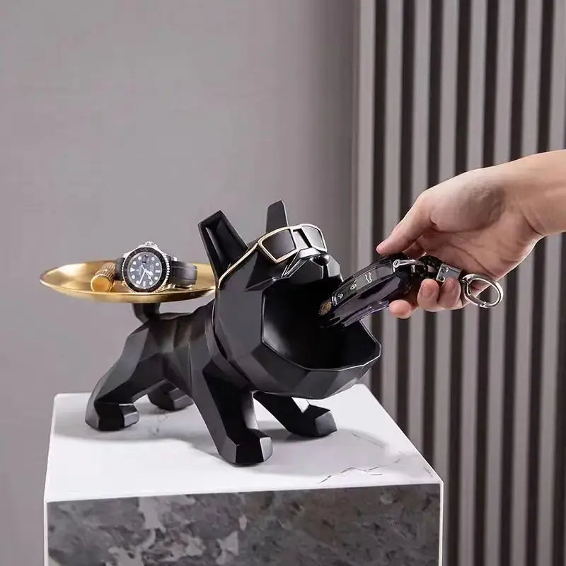 Modern black and gold bulldog butler tray living room storage statue