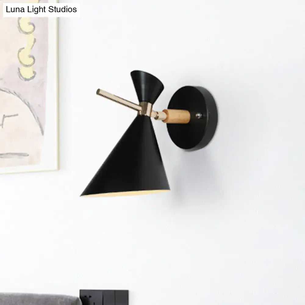 Modern black angle shade wall sconce with wood arm bedroom light
