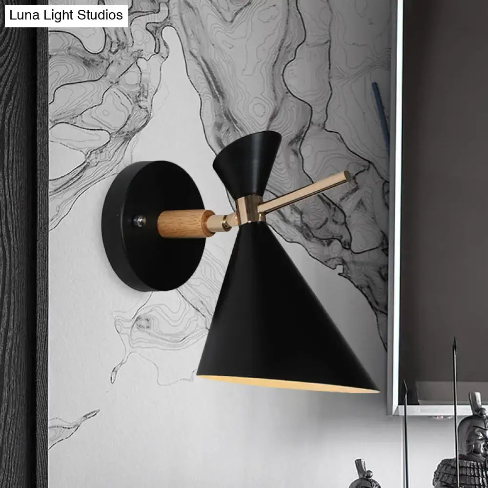 Modern black angle shade wall sconce with wood arm bedroom light
