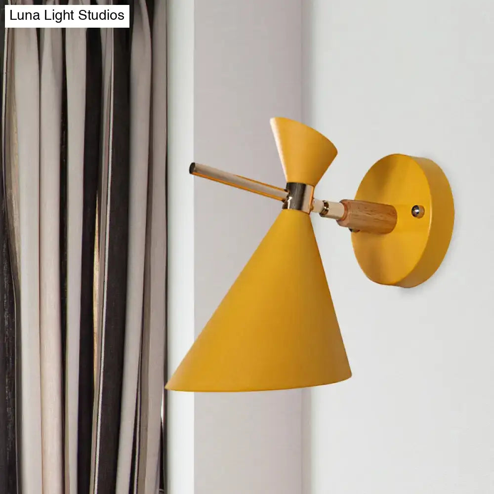 Modern black angle shade wall sconce with wood arm bedroom light