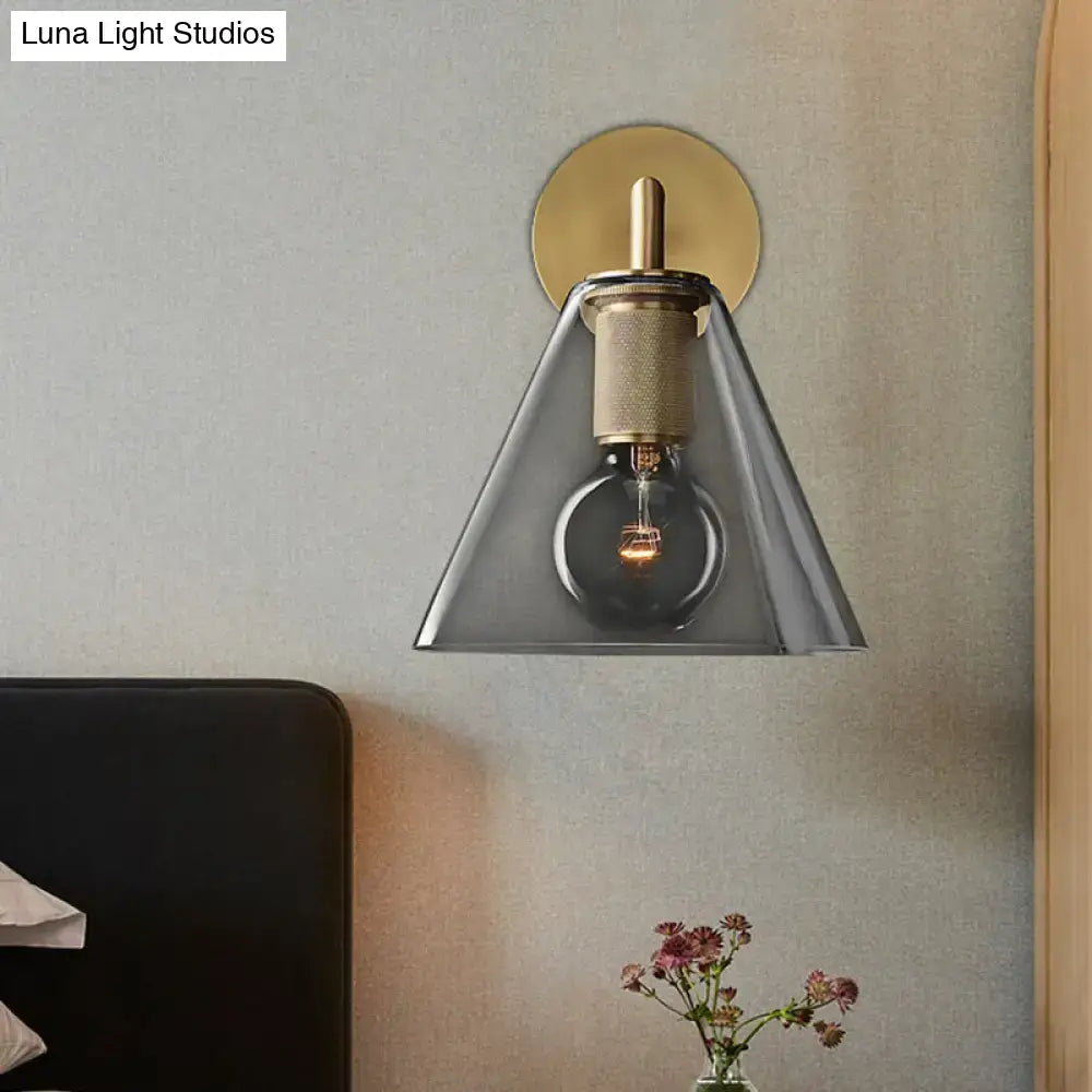 Modern black & brass glass cone wall light bedroom direct wired electric