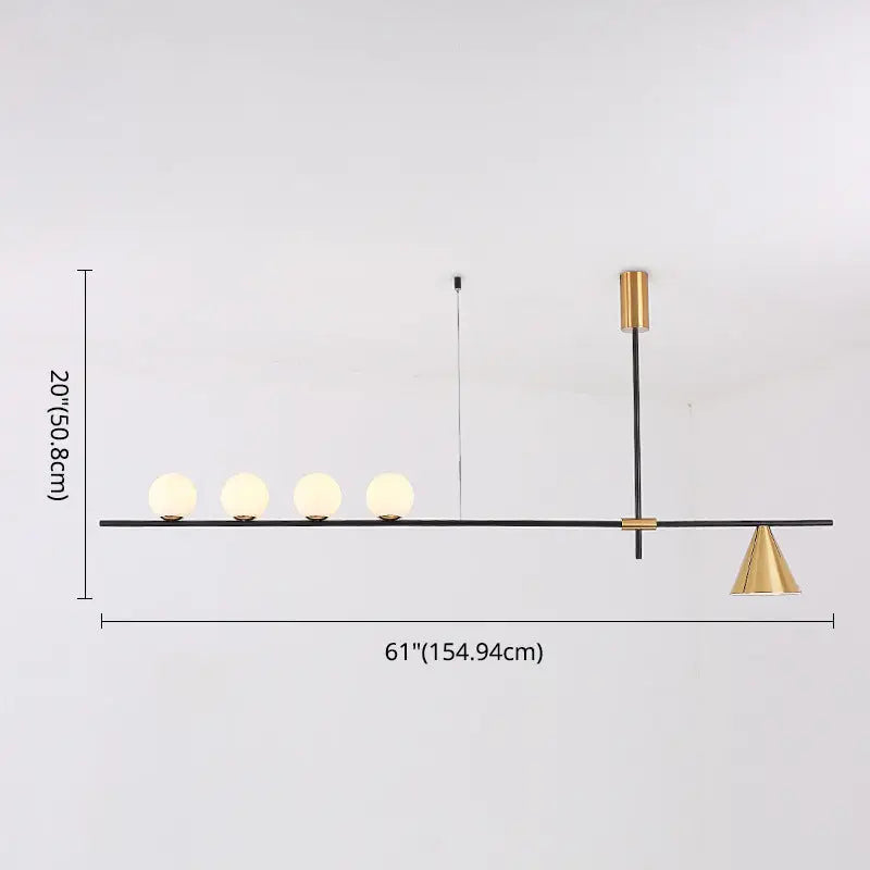 Modern black & brass linear chandelier dining room spherical white glass