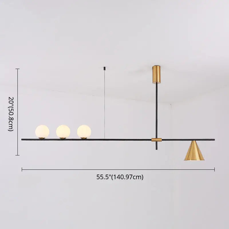 Modern black & brass linear chandelier dining room spherical white glass