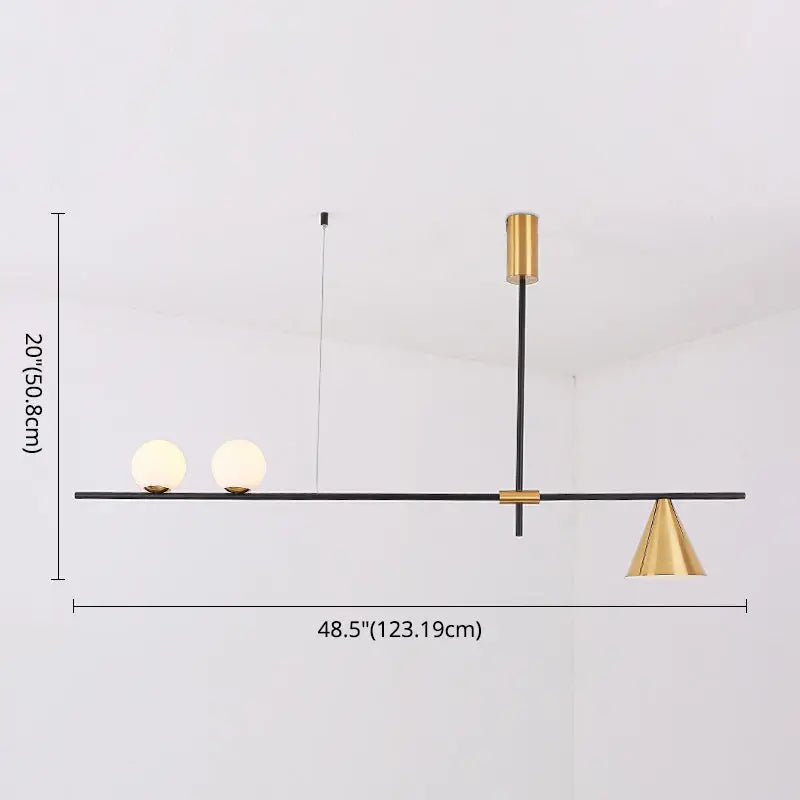 Modern black & brass linear chandelier dining room spherical white glass