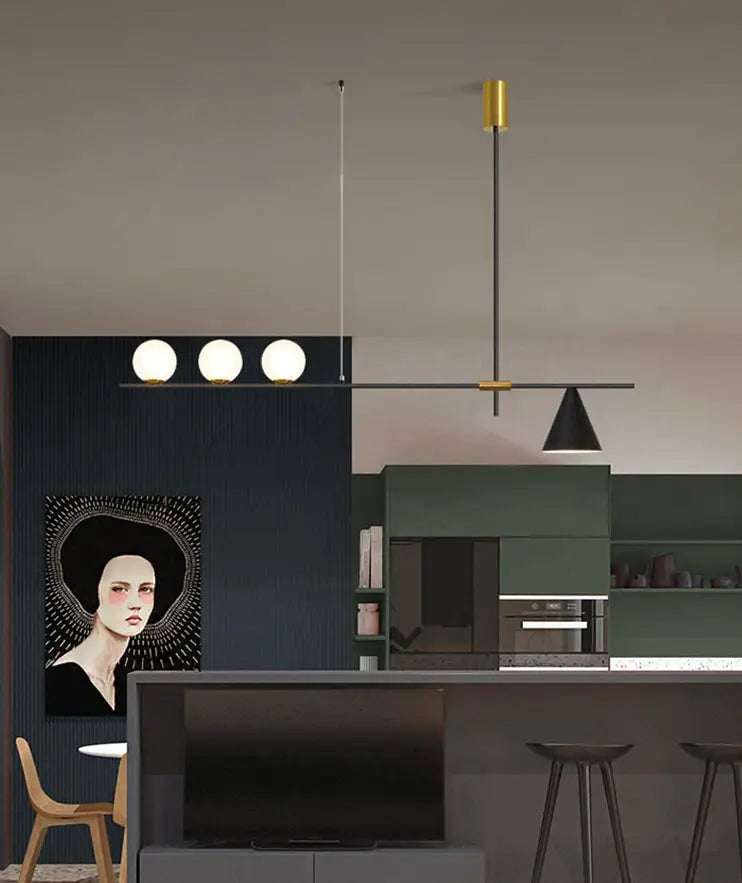 Modern black & brass linear chandelier dining room spherical white glass