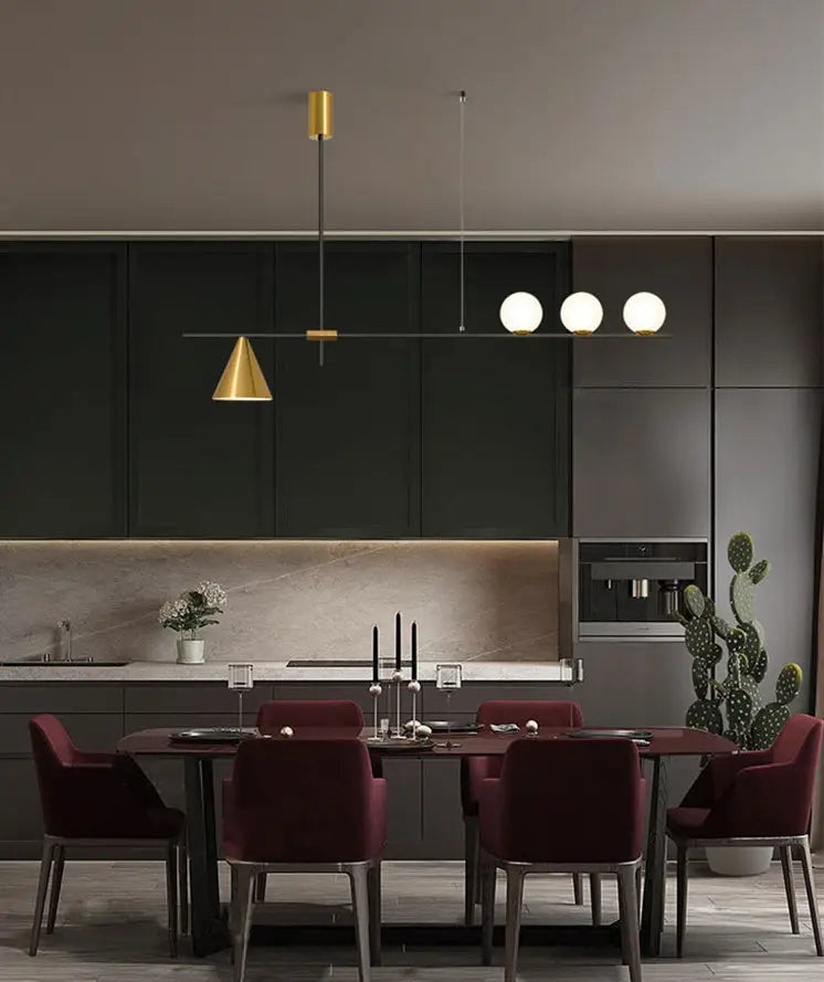 Modern black & brass linear chandelier dining room spherical white glass