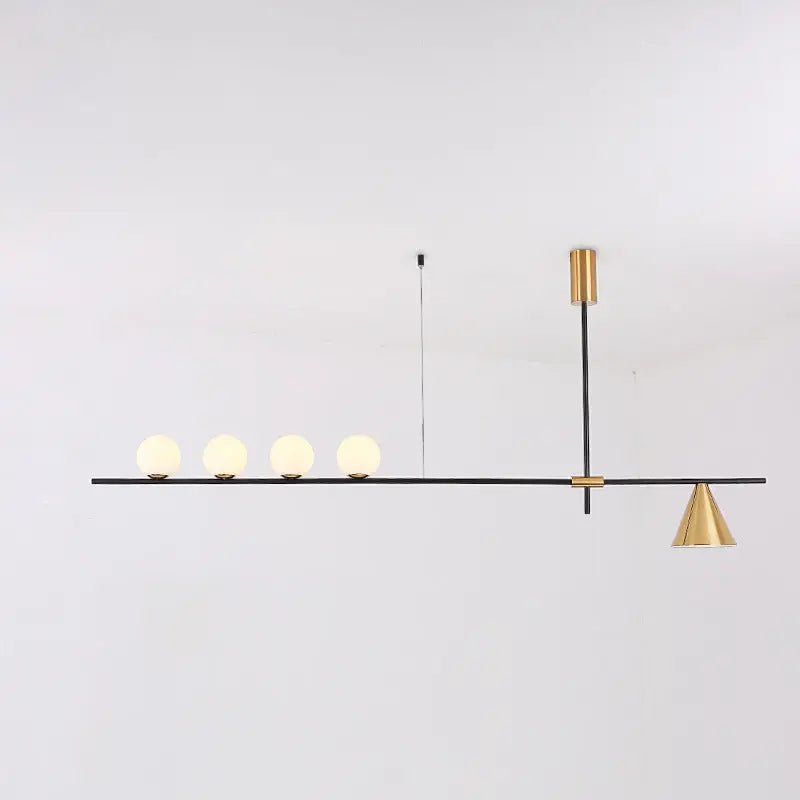Modern black & brass linear chandelier dining room spherical white glass