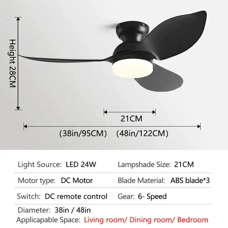 Modern black & brown low floor ceiling fan led light living room
