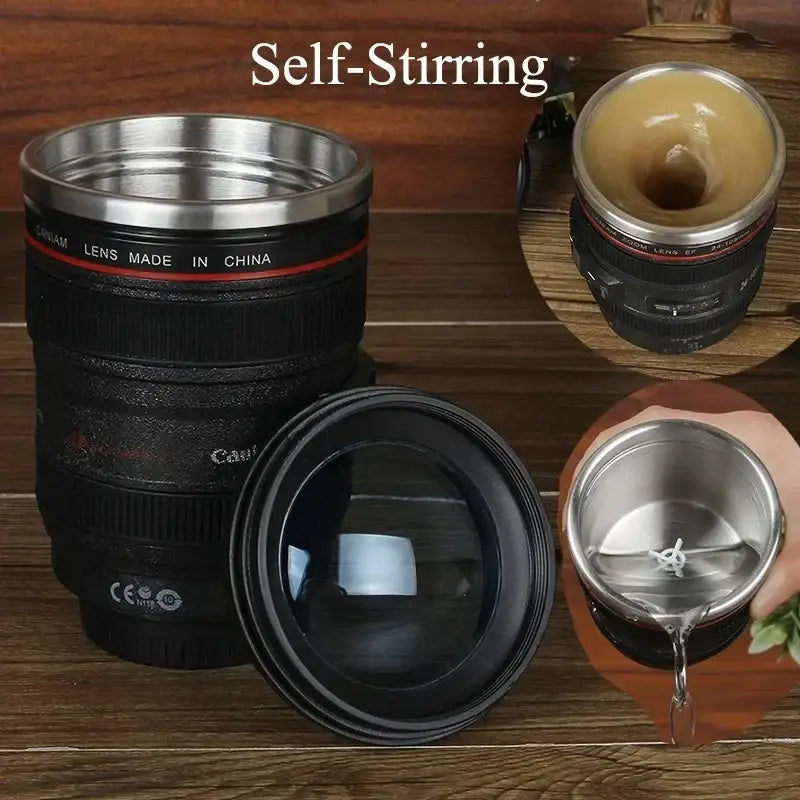 Modern black camera lens cup kitchen self stirring coffee mug
