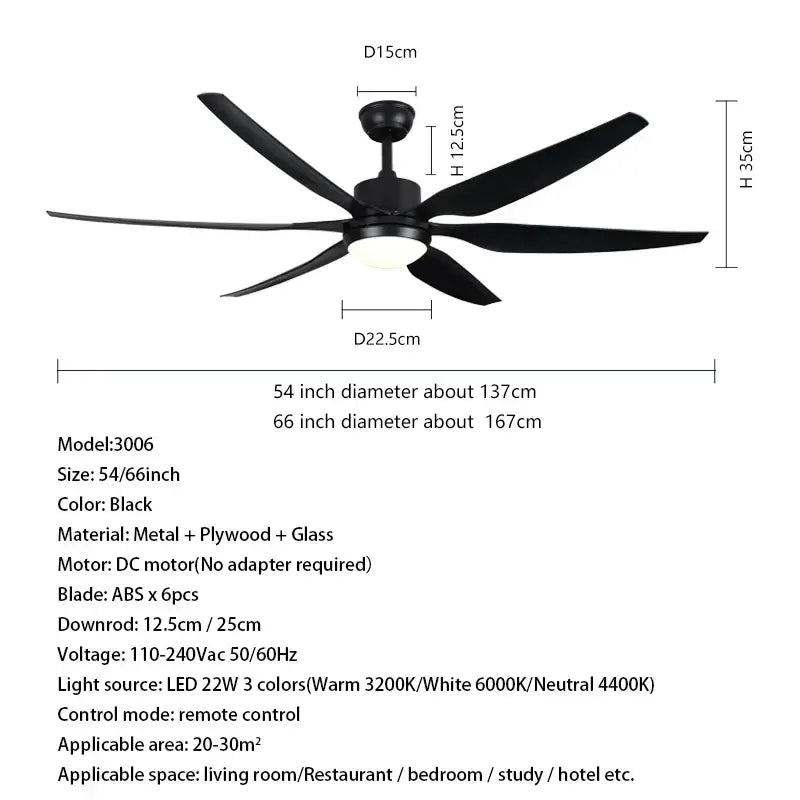 Modern black ceiling fan with led light and remote control living room