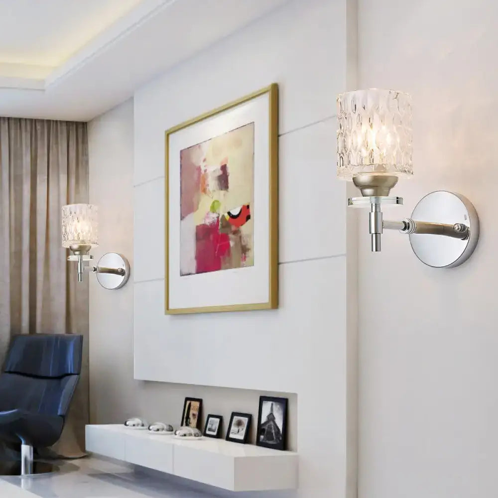 Modern black & chrome dimpled glass cylinder wall sconce bedroom light