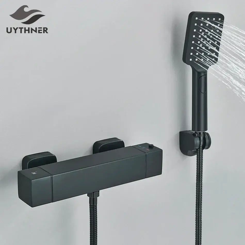 Modern black & chrome thermostatic shower set bathroom rain head