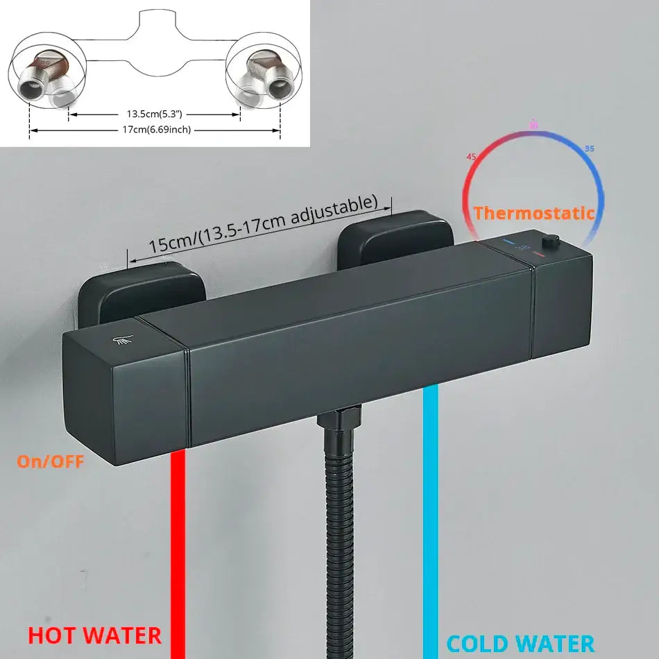 Modern black & chrome thermostatic shower set bathroom rain head