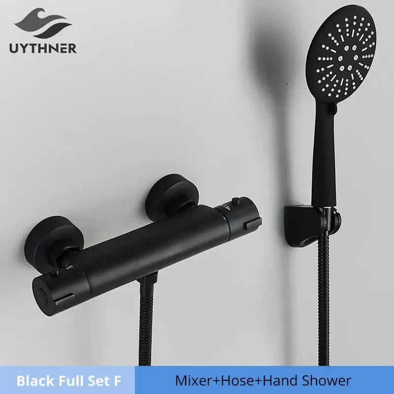 Modern black & chrome thermostatic shower set bathroom rain head