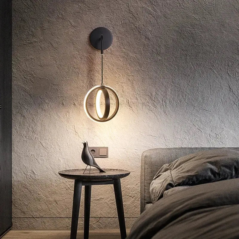 Modern black circular wall sconce light – bedroom glowing ring light