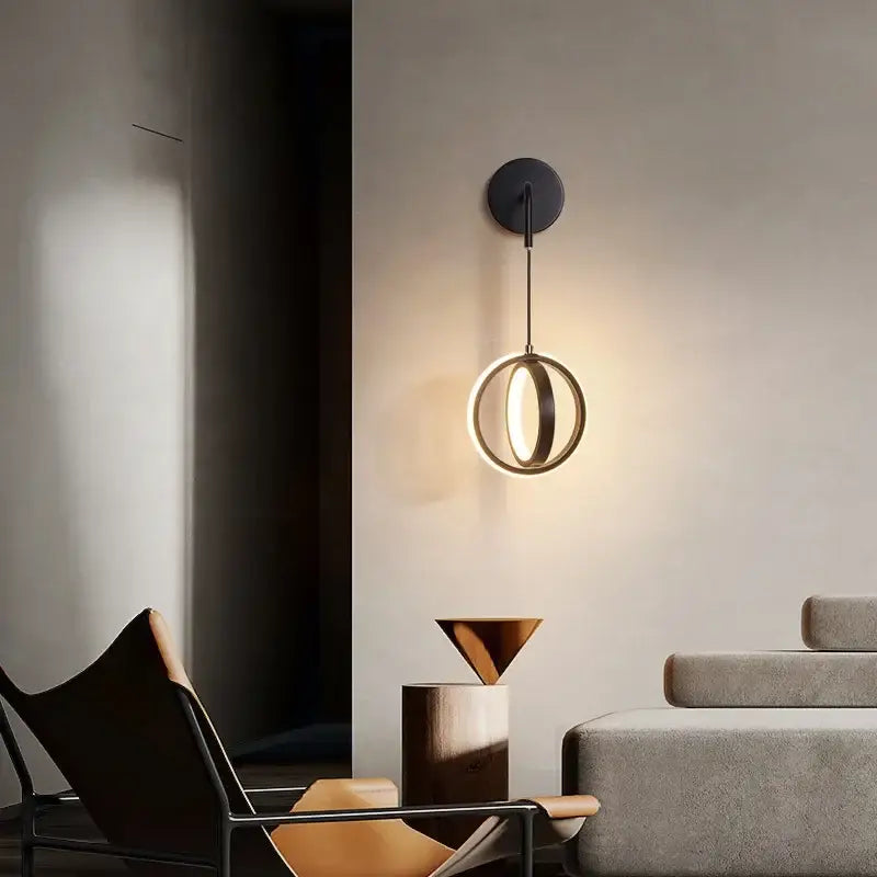 Modern black circular wall sconce light – bedroom glowing ring light