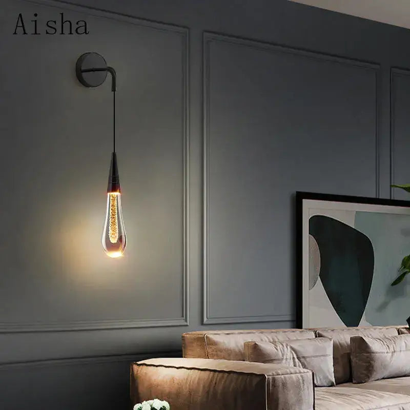 Modern black crystal led wall lamp bedroom teardrop sconce