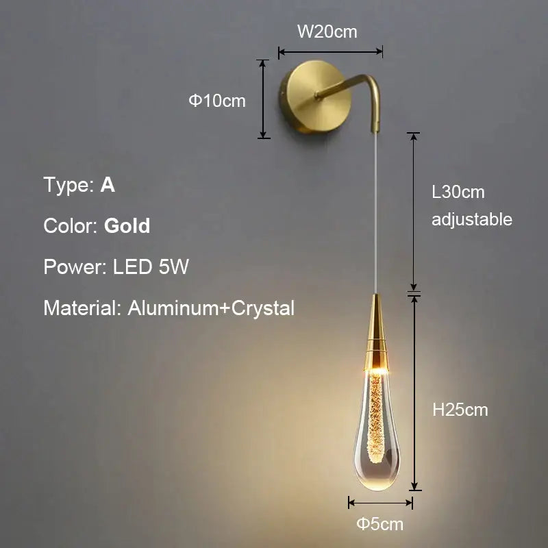 Modern black crystal led wall lamp bedroom teardrop sconce