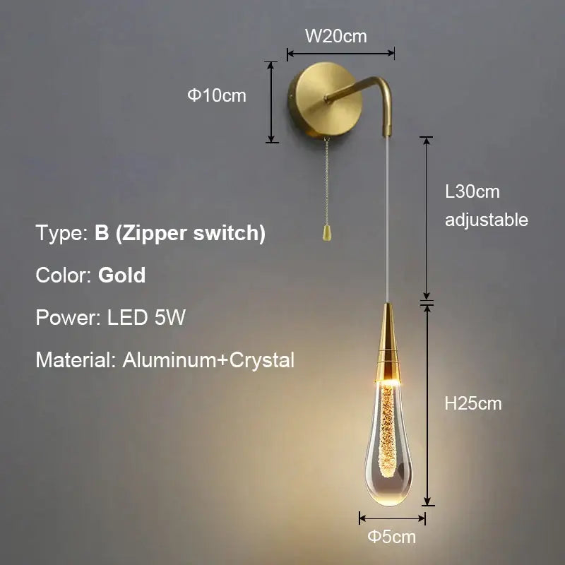 Modern black crystal led wall lamp bedroom teardrop sconce