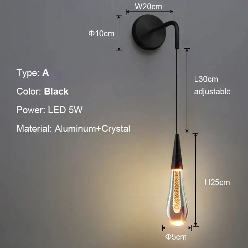 Modern black crystal led wall lamp bedroom teardrop sconce