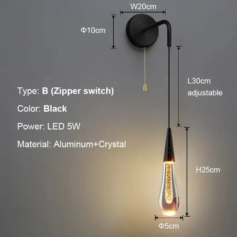 Modern black crystal led wall lamp bedroom teardrop sconce