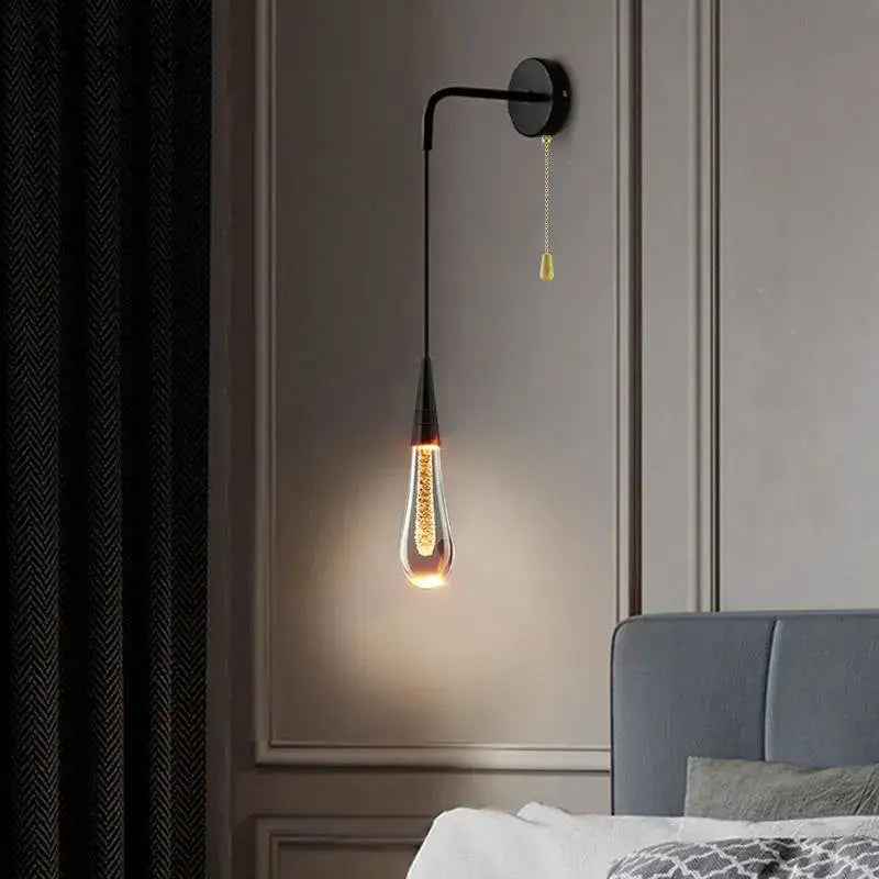 Modern black crystal led wall lamp bedroom teardrop sconce