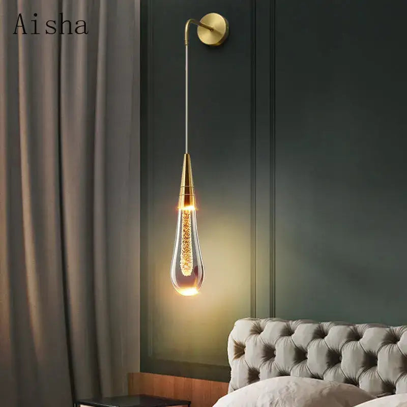 Modern black crystal led wall lamp bedroom teardrop sconce