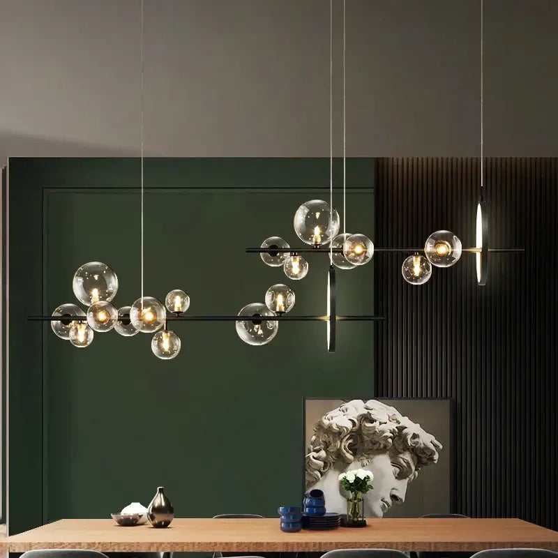 Modern black glass bubble chandelier dining room light with ring