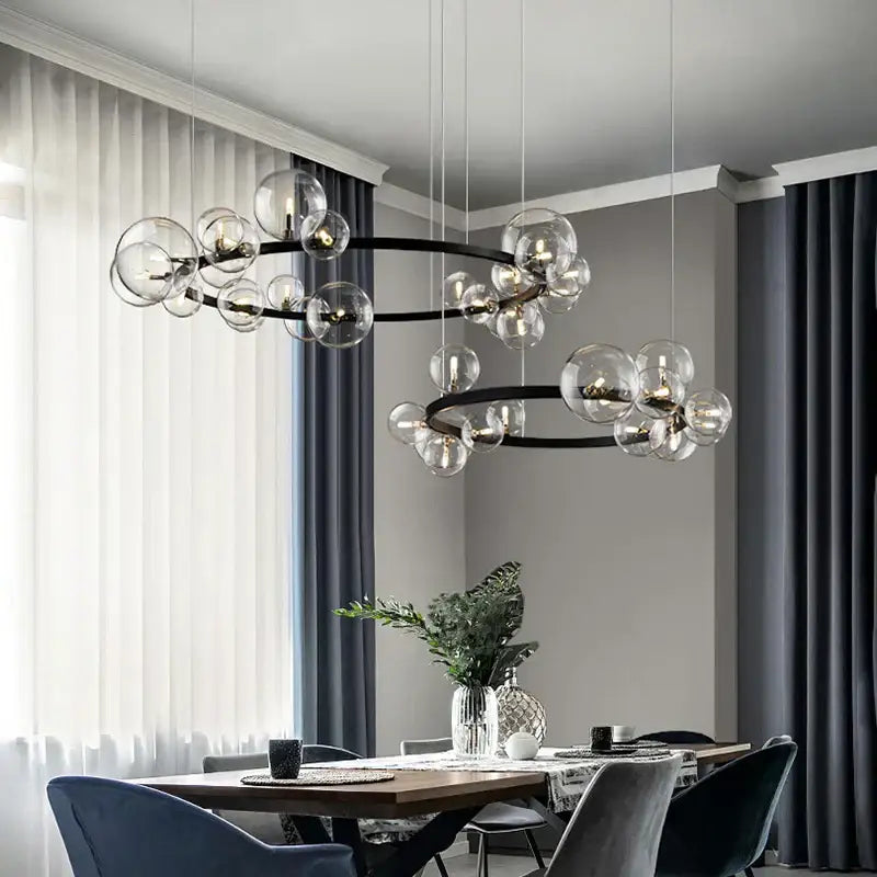Modern black glass bubble chandelier dining room light with ring