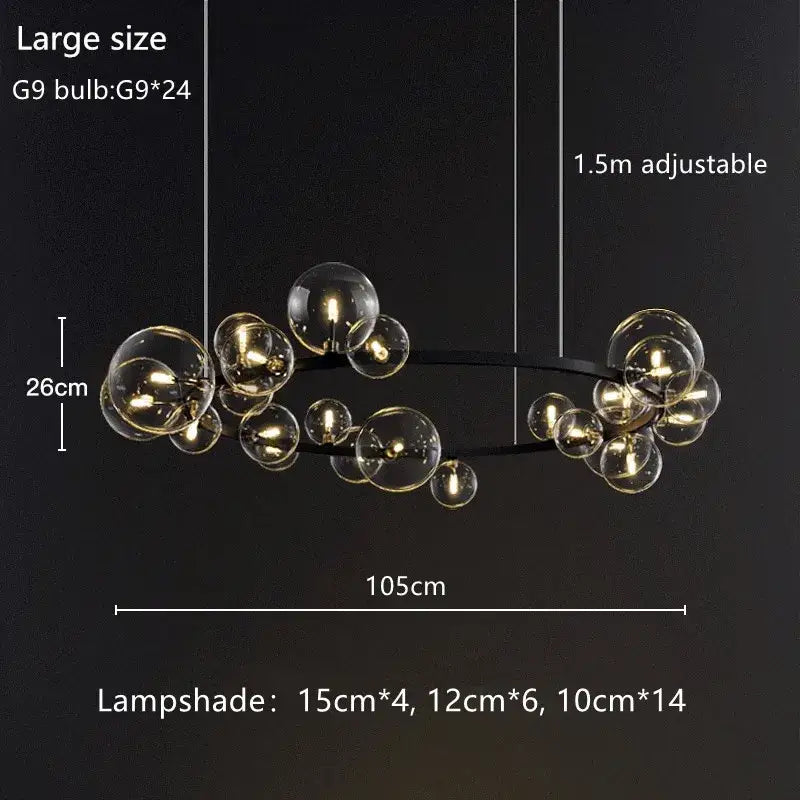 Modern black glass bubble chandelier dining room light with ring