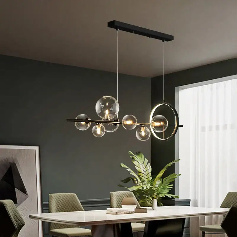 Modern black glass bubble chandelier dining room light with ring
